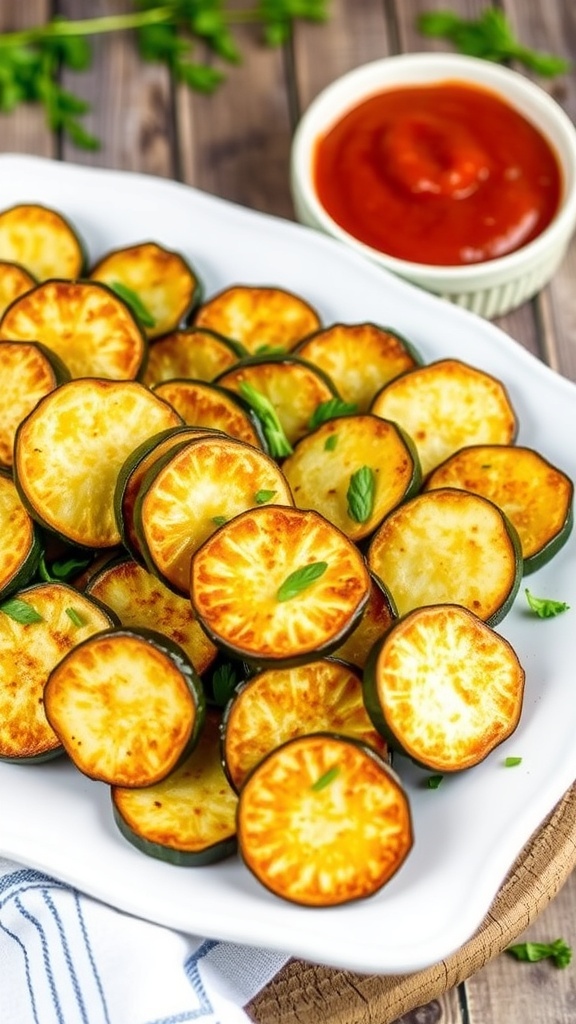 Crispy baked Parmesan zucchini slices on a plate, garnished with herbs, with marinara sauce in the background.